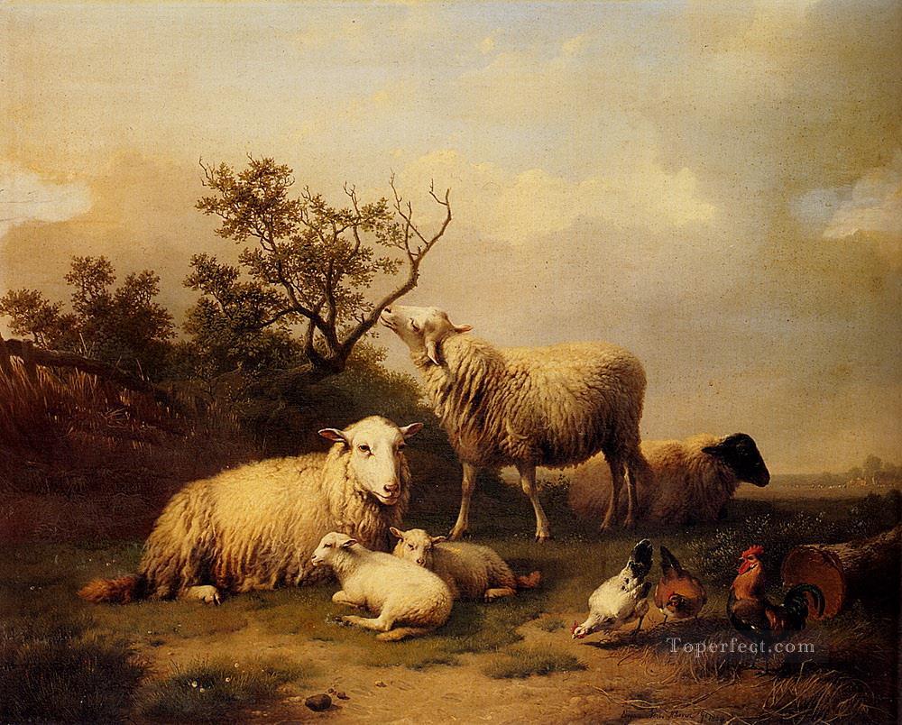 Belgique Verboeckhoven Eugene moutons avec des agneaux au repos et de la volaille dans un paysage Peintures à l'huile
